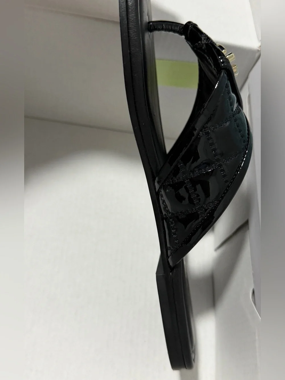 CHANEL Black Quilted Patent Leather Slide Sandals